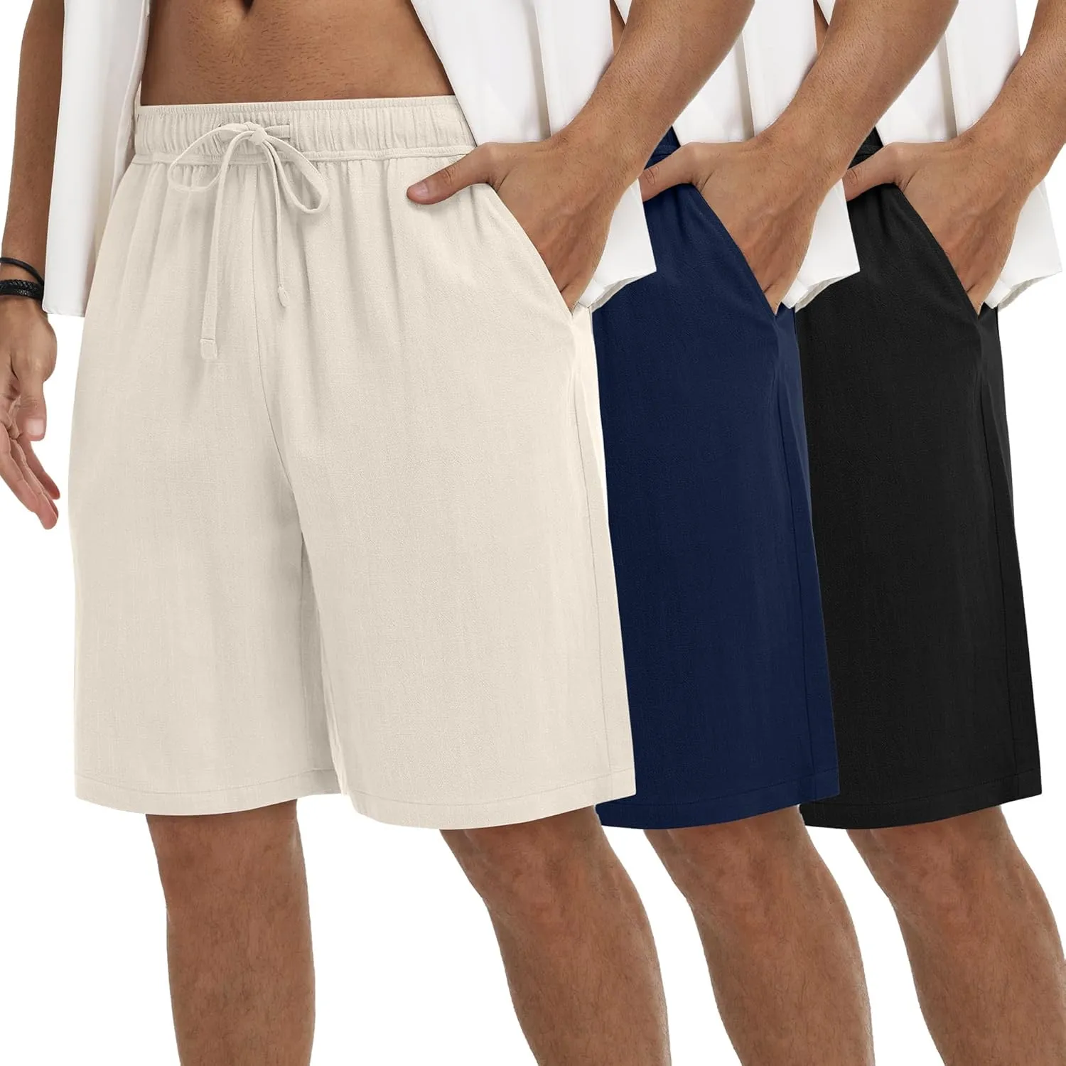 Neer 3 Pack Linen Shorts for Men Casual Beach Summer Lightweight Elastic Waist Drawstring with 3 Pockets