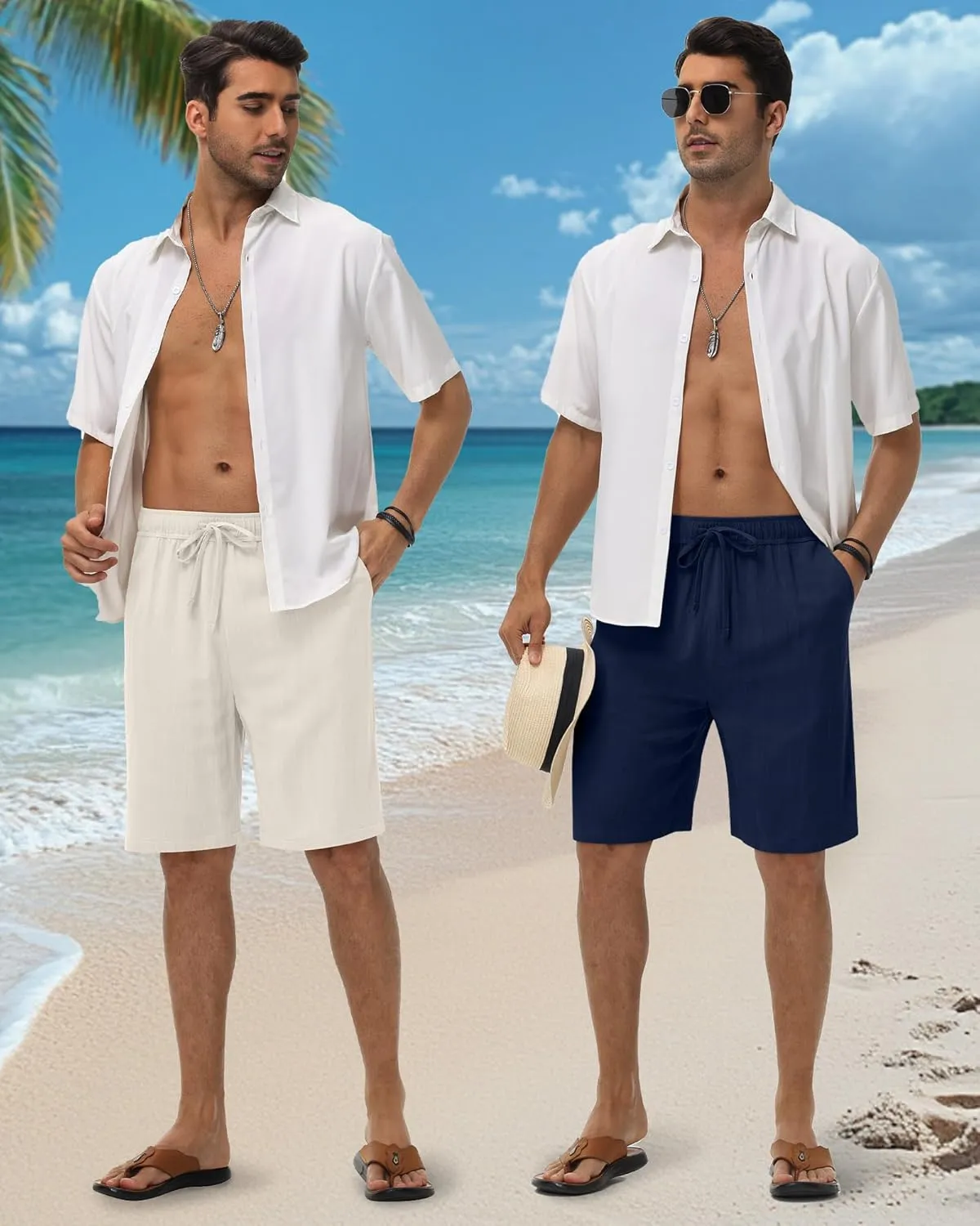 Neer 3 Pack Linen Shorts for Men Casual Beach Summer Lightweight Elastic Waist Drawstring with 3 Pockets