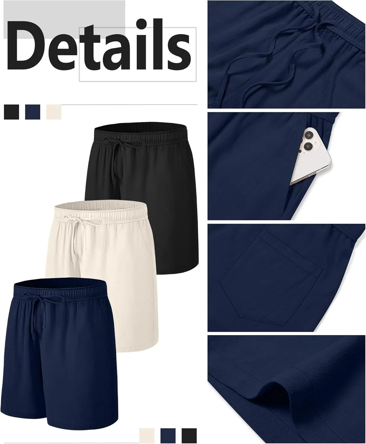 Neer 3 Pack Linen Shorts for Men Casual Beach Summer Lightweight Elastic Waist Drawstring with 3 Pockets