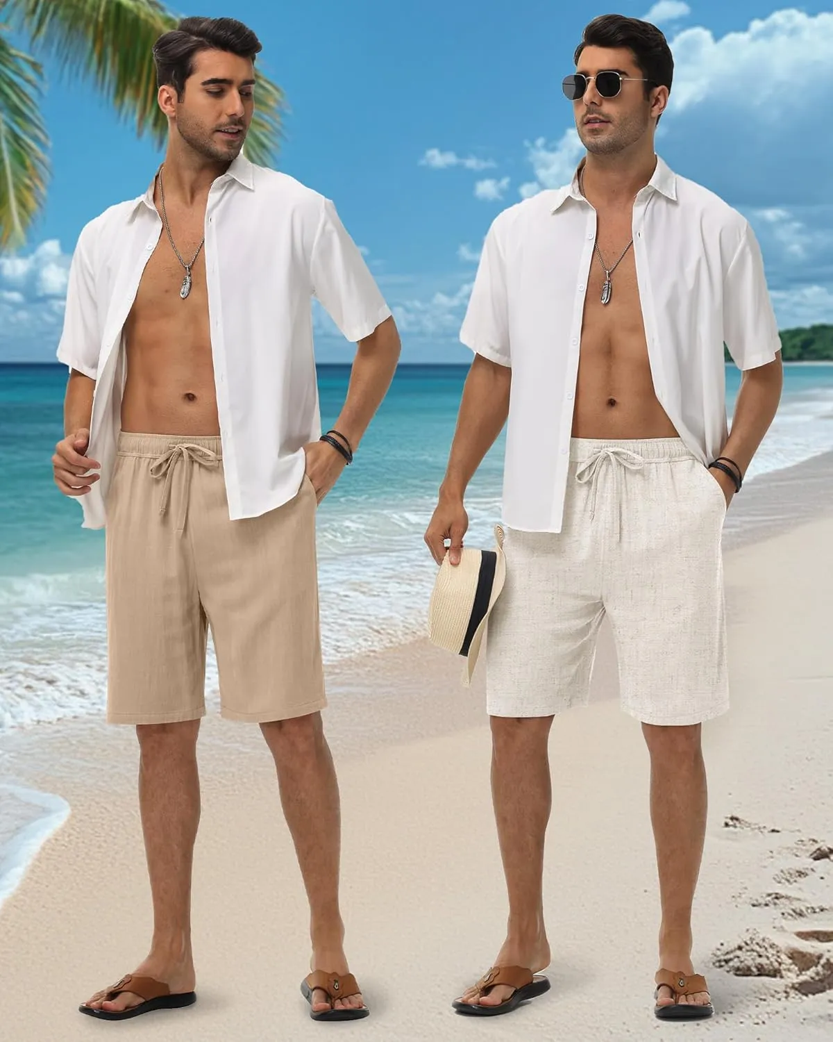 Neer 3 Pack Linen Shorts for Men Casual Beach Summer Lightweight Elastic Waist Drawstring with 3 Pockets