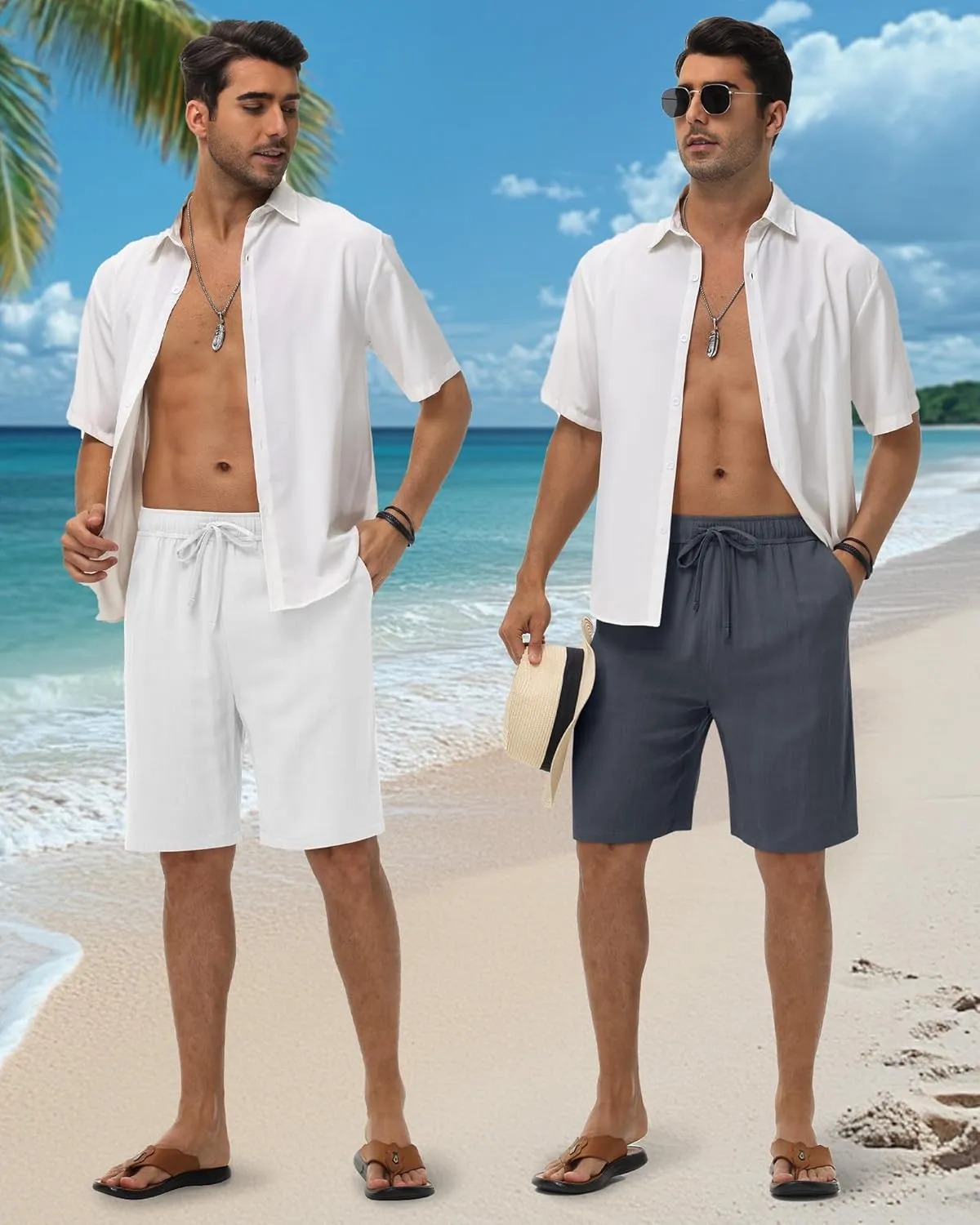 Neer 3 Pack Linen Shorts for Men Casual Beach Summer Lightweight Elastic Waist Drawstring with 3 Pockets