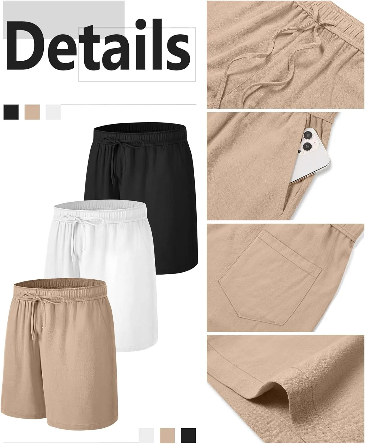 Neer 3 Pack Linen Shorts for Men Casual Beach Summer Lightweight Elastic Waist Drawstring with 3 Pockets
