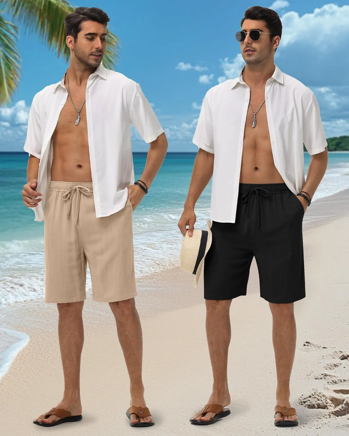 Neer 3 Pack Linen Shorts for Men Casual Beach Summer Lightweight Elastic Waist Drawstring with 3 Pockets