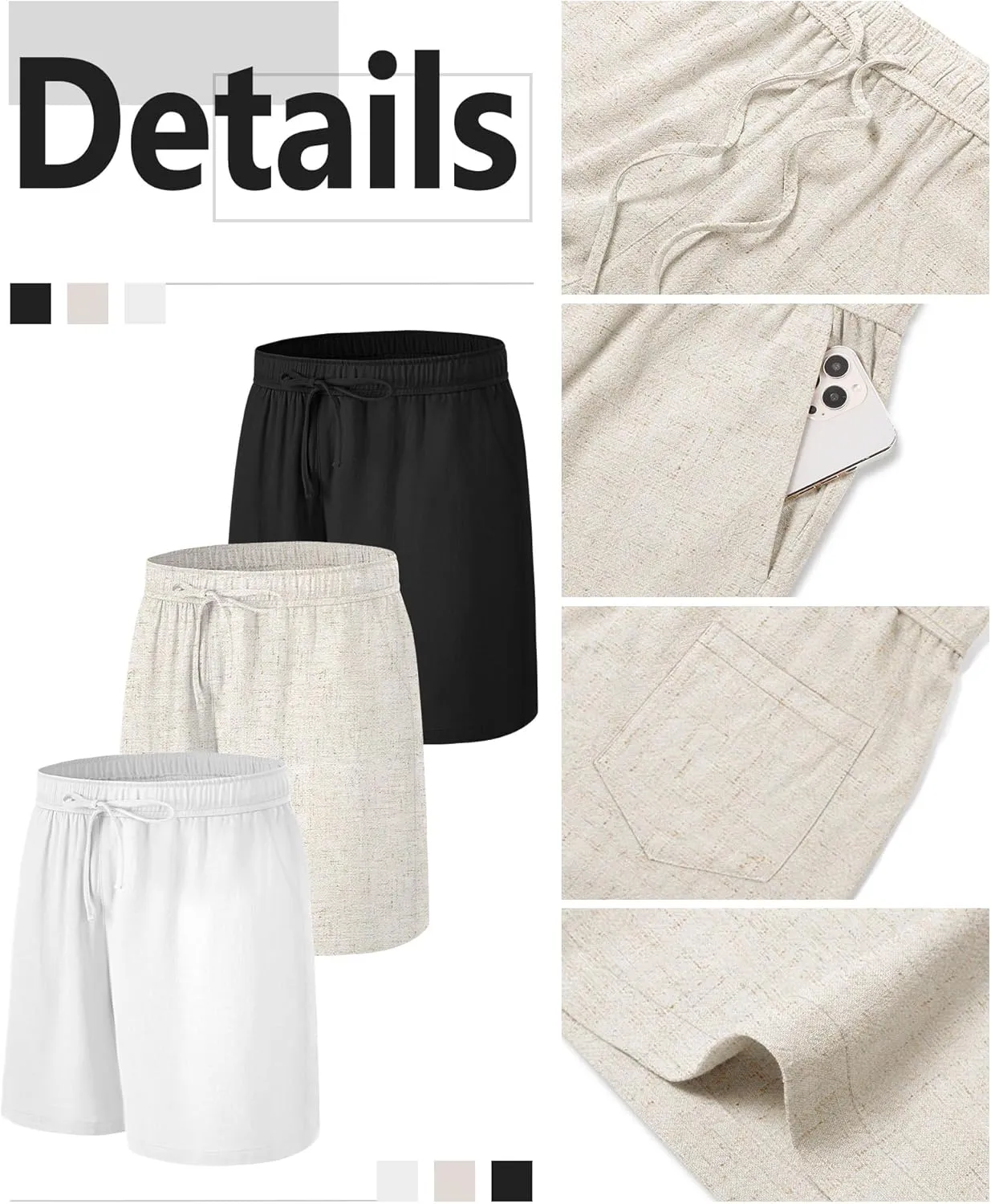 Neer 3 Pack Linen Shorts for Men Casual Beach Summer Lightweight Elastic Waist Drawstring with 3 Pockets