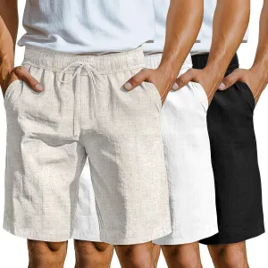 Neer 3 Pack Linen Shorts for Men Casual Beach Summer Lightweight Elastic Waist Drawstring with 3 Pockets
