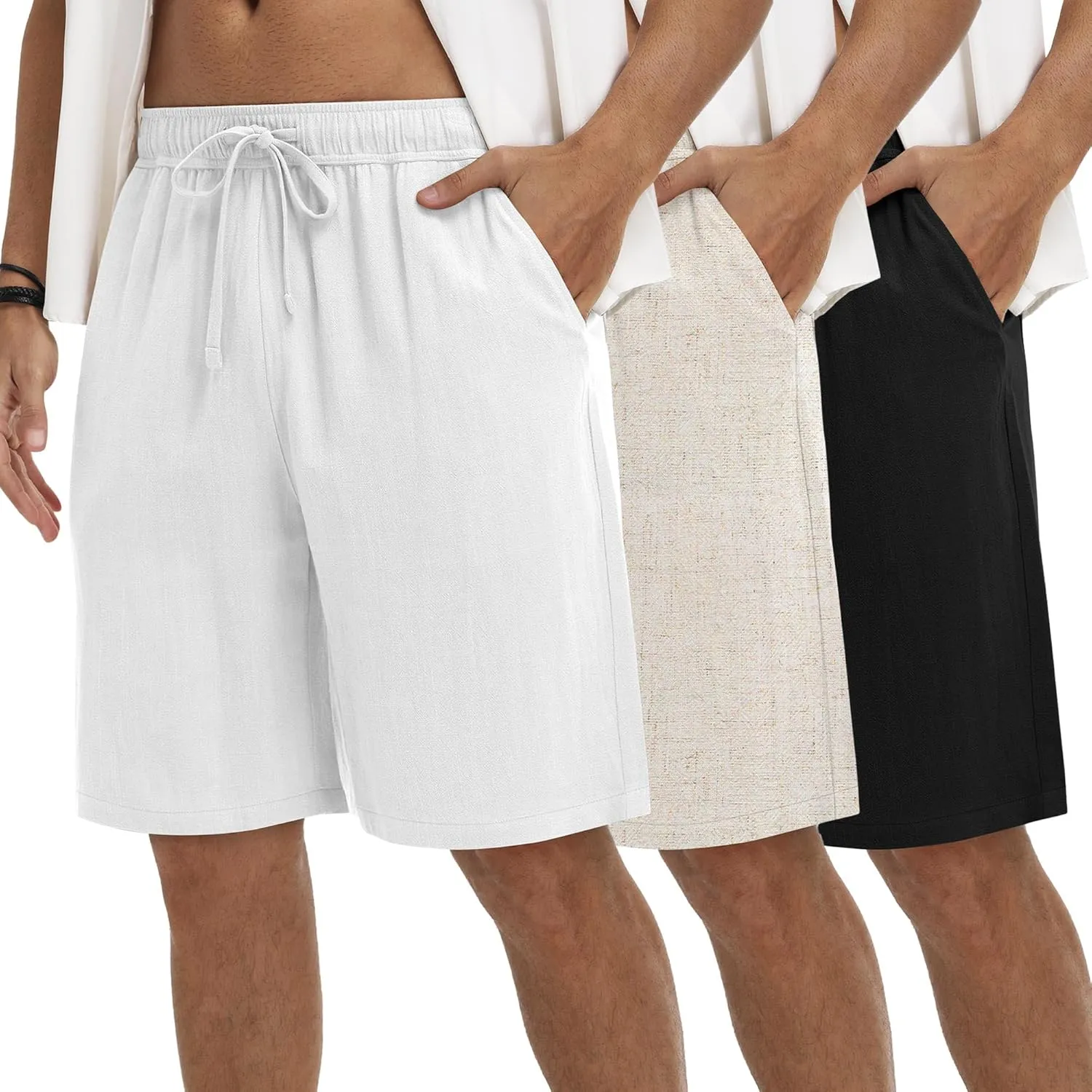 Neer 3 Pack Linen Shorts for Men Casual Beach Summer Lightweight Elastic Waist Drawstring with 3 Pockets