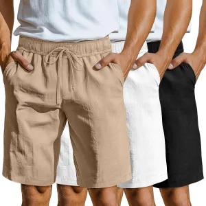 Neer 3 Pack Linen Shorts for Men Casual Beach Summer Lightweight Elastic Waist Drawstring with 3 Pockets