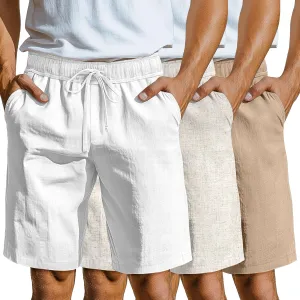 Neer 3 Pack Linen Shorts for Men Casual Beach Summer Lightweight Elastic Waist Drawstring with 3 Pockets