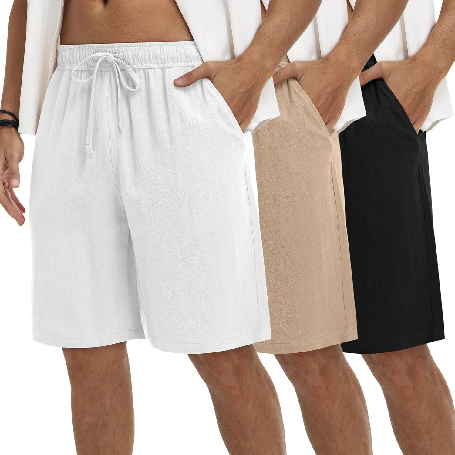 Neer 3 Pack Linen Shorts for Men Casual Beach Summer Lightweight Elastic Waist Drawstring with 3 Pockets