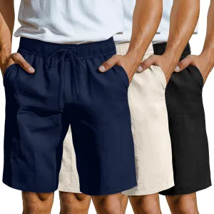 Neer 3 Pack Linen Shorts for Men Casual Beach Summer Lightweight Elastic Waist Drawstring with 3 Pockets