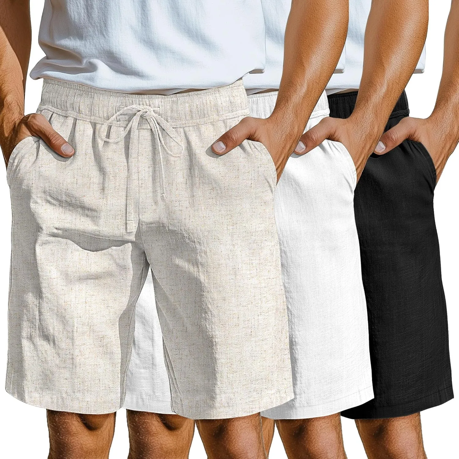 Neer 3 Pack Linen Shorts for Men Casual Beach Summer Lightweight Elastic Waist Drawstring with 3 Pockets