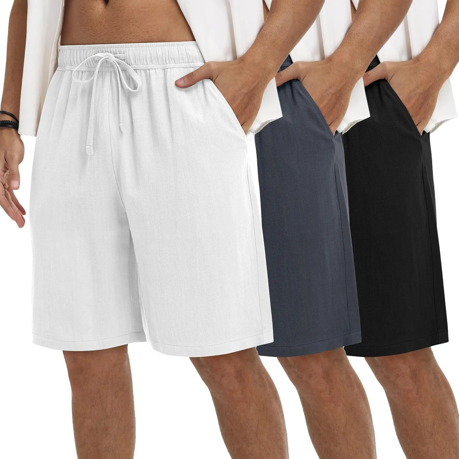 Neer 3 Pack Linen Shorts for Men Casual Beach Summer Lightweight Elastic Waist Drawstring with 3 Pockets