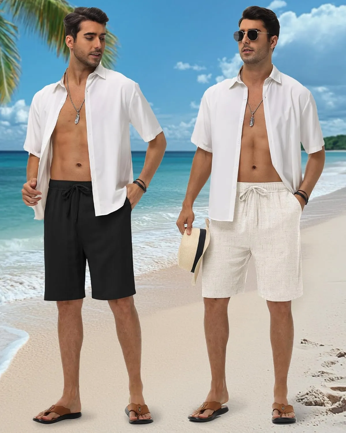 Neer 3 Pack Linen Shorts for Men Casual Beach Summer Lightweight Elastic Waist Drawstring with 3 Pockets