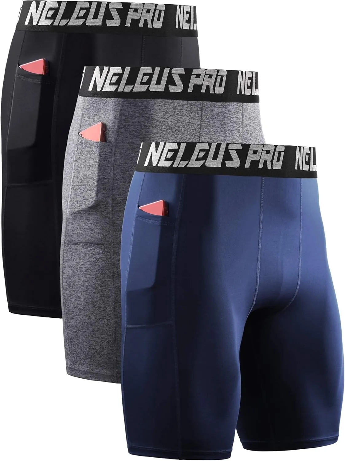 NELEUS Men's Compression Short with Pocket Dry Fit Yoga Running Shorts Pack of 3