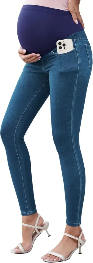 OUGES Womens 2025 Maternity Jeans Over Belly Skinny Stretchy Mom Jeans Denim Comfy High Rise Pregnancy Pants with Pockets