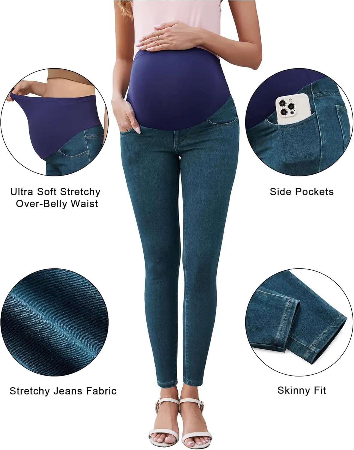 OUGES Womens 2025 Maternity Jeans Over Belly Skinny Stretchy Mom Jeans Denim Comfy High Rise Pregnancy Pants with Pockets