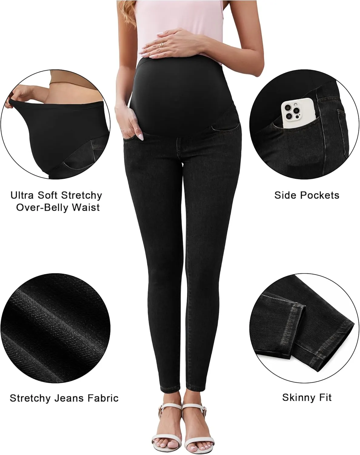 OUGES Womens 2025 Maternity Jeans Over Belly Skinny Stretchy Mom Jeans Denim Comfy High Rise Pregnancy Pants with Pockets