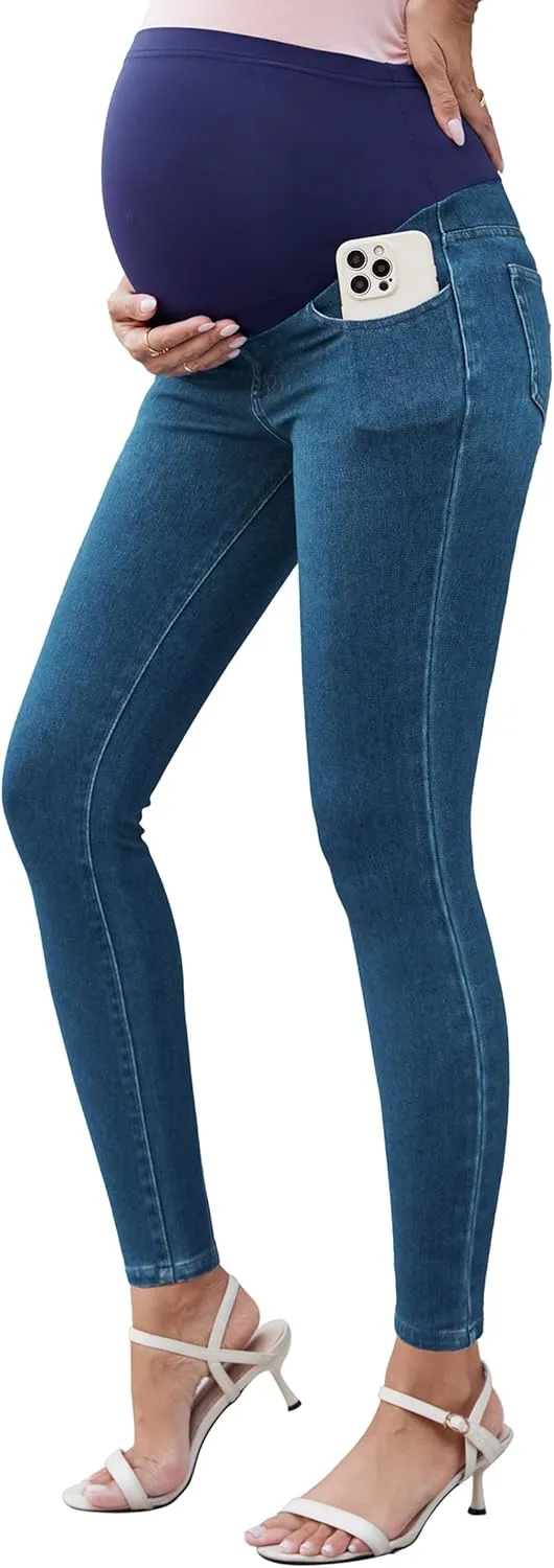 OUGES Womens 2025 Maternity Jeans Over Belly Skinny Stretchy Mom Jeans Denim Comfy High Rise Pregnancy Pants with Pockets
