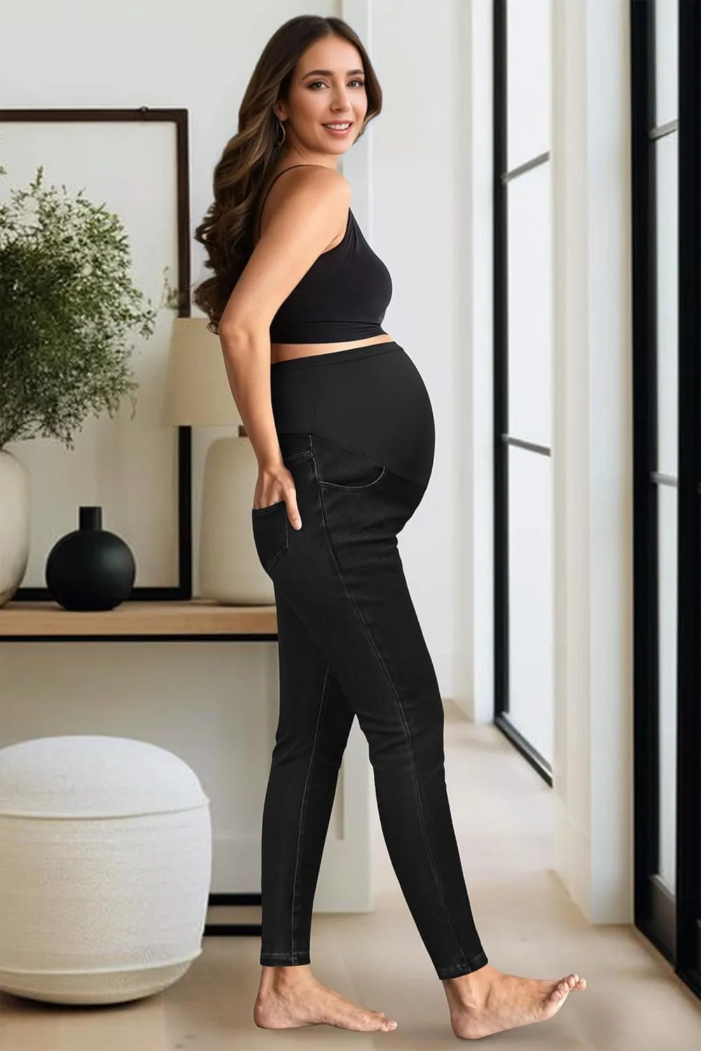 OUGES Womens 2025 Maternity Jeans Over Belly Skinny Stretchy Mom Jeans Denim Comfy High Rise Pregnancy Pants with Pockets