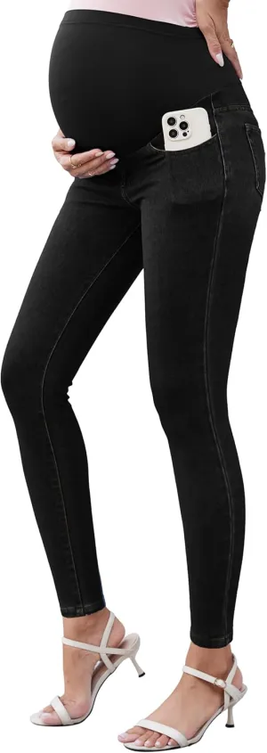 OUGES Womens 2025 Maternity Jeans Over Belly Skinny Stretchy Mom Jeans Denim Comfy High Rise Pregnancy Pants with Pockets