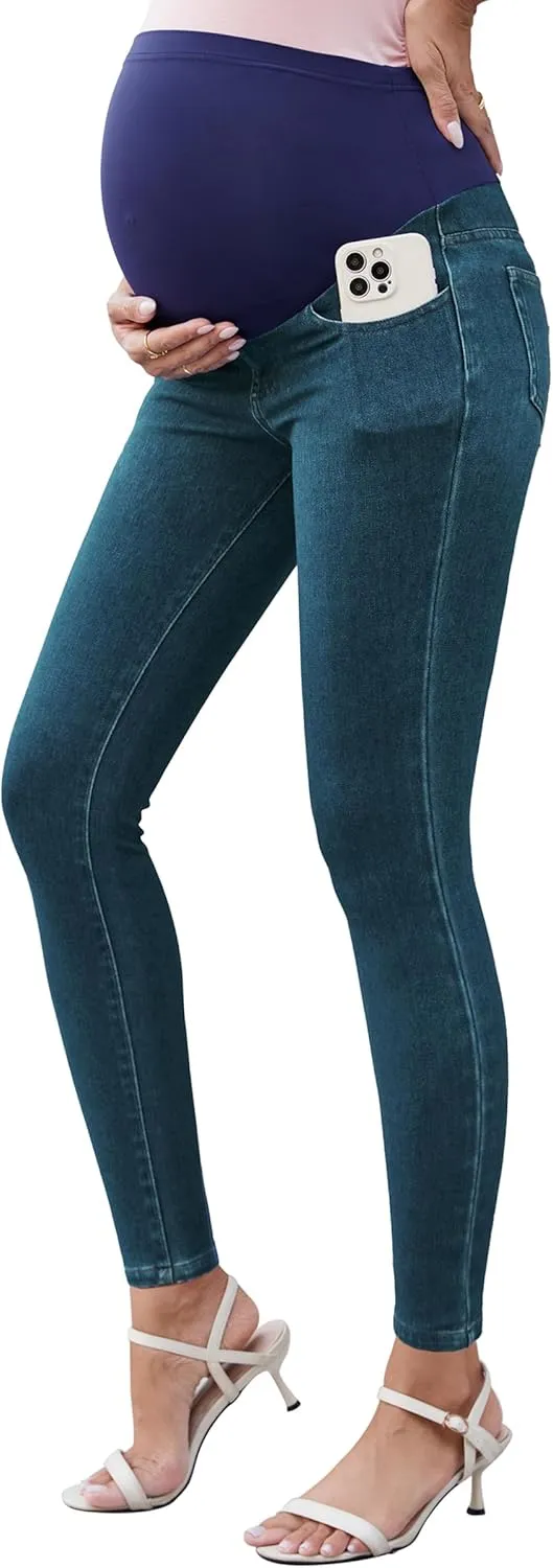 OUGES Womens 2025 Maternity Jeans Over Belly Skinny Stretchy Mom Jeans Denim Comfy High Rise Pregnancy Pants with Pockets