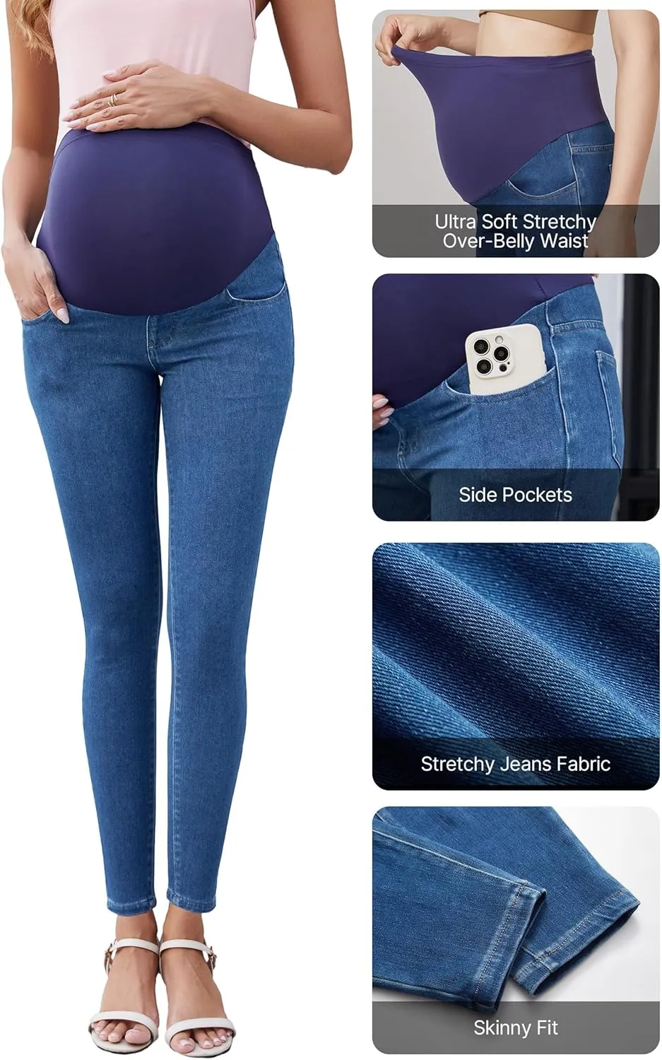 OUGES Womens 2025 Maternity Jeans Over Belly Skinny Stretchy Mom Jeans Denim Comfy High Rise Pregnancy Pants with Pockets