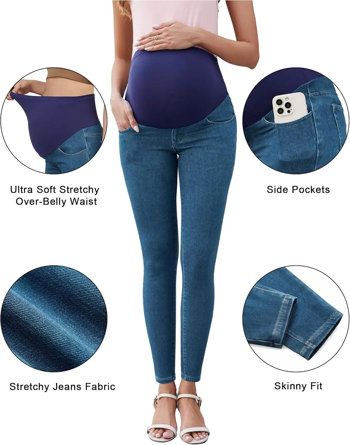 OUGES Womens 2025 Maternity Jeans Over Belly Skinny Stretchy Mom Jeans Denim Comfy High Rise Pregnancy Pants with Pockets