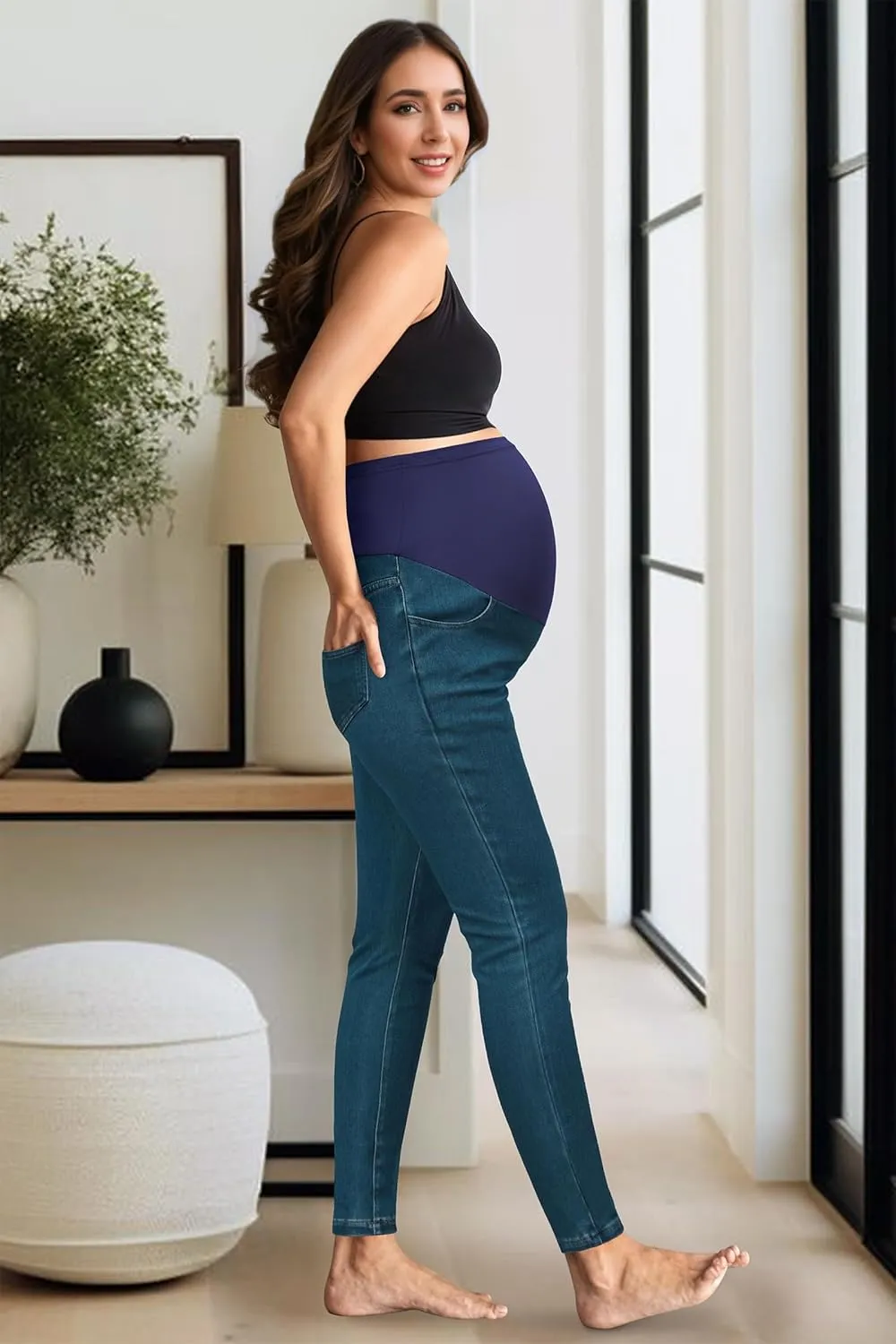 OUGES Womens 2025 Maternity Jeans Over Belly Skinny Stretchy Mom Jeans Denim Comfy High Rise Pregnancy Pants with Pockets