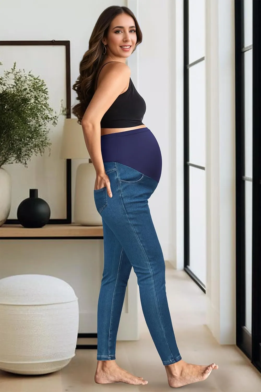 OUGES Womens 2025 Maternity Jeans Over Belly Skinny Stretchy Mom Jeans Denim Comfy High Rise Pregnancy Pants with Pockets