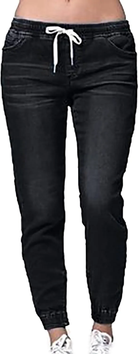 Plus Size Denim Pants for Women Casual Elastic Waist Drawstring Jeans Trousers High Waist Classic Blue Jean Leggings