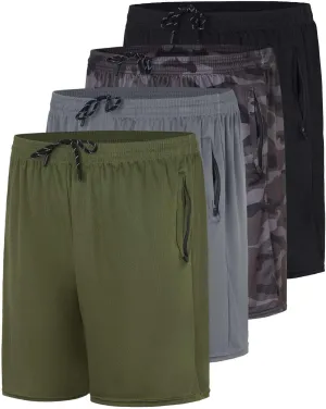 Real Essentials 4 Pack: Men's 7" Athletic Running Quick Dry Mesh Shorts with Zipper Pockets (Available in Big & Tall)