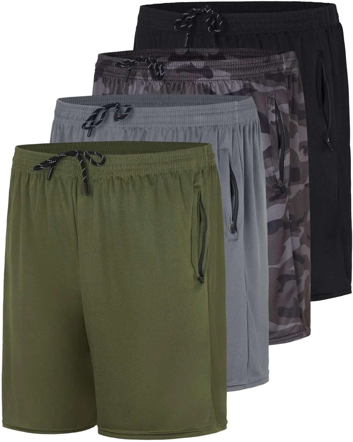 Real Essentials 4 Pack: Men's 7" Athletic Running Quick Dry Mesh Shorts with Zipper Pockets (Available in Big & Tall)