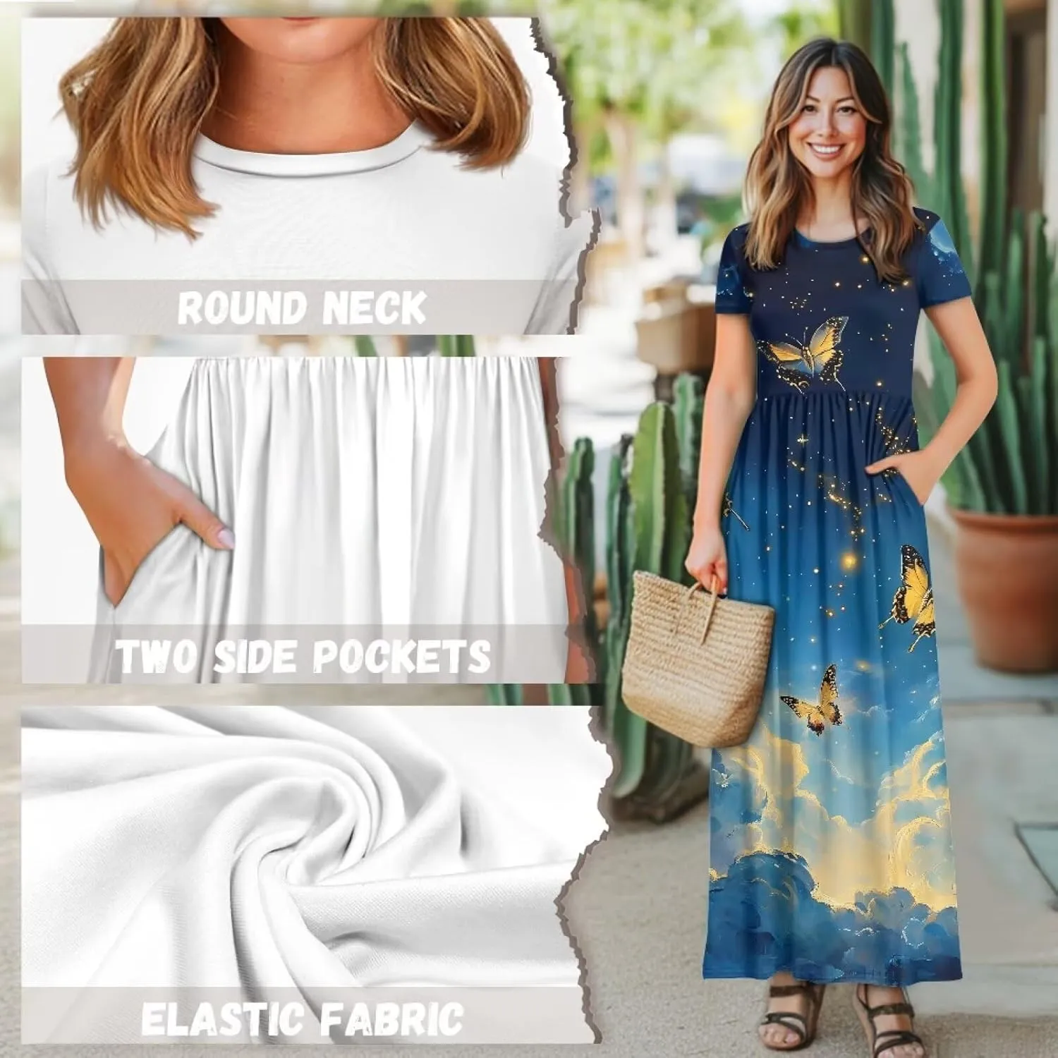 Short Sleeve Dress for Women Crew Neck A-Line Dress with Pockets Causal Long Sundress Summer Beach Clothes