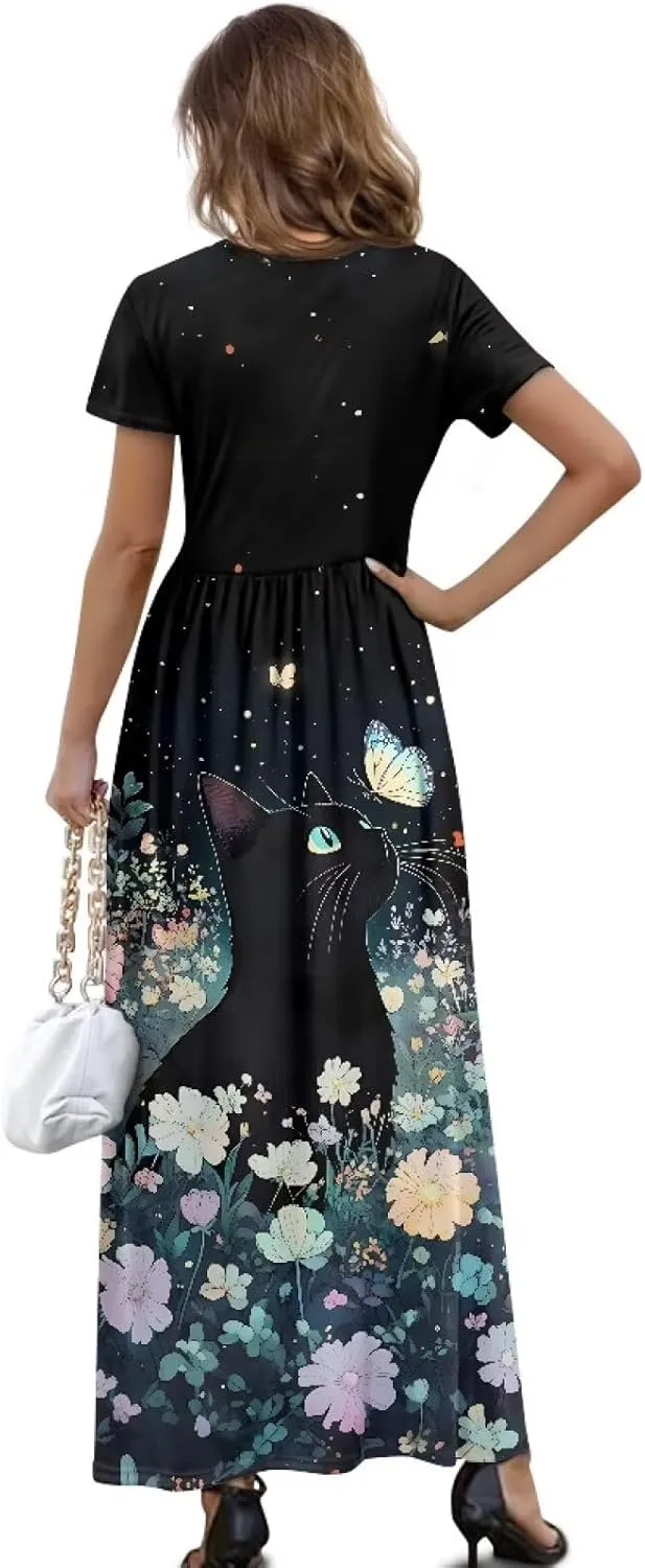 Short Sleeve Dress for Women Crew Neck A-Line Dress with Pockets Causal Long Sundress Summer Beach Clothes