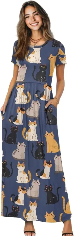 Short Sleeve Dress for Women Crew Neck A-Line Dress with Pockets Causal Long Sundress Summer Beach Clothes