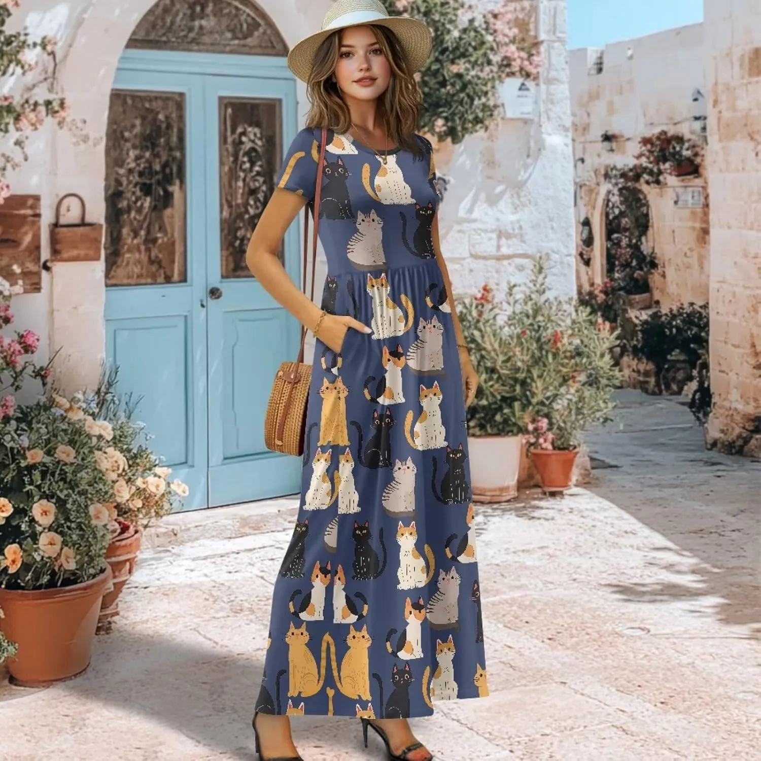 Short Sleeve Dress for Women Crew Neck A-Line Dress with Pockets Causal Long Sundress Summer Beach Clothes