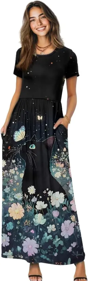 Short Sleeve Dress for Women Crew Neck A-Line Dress with Pockets Causal Long Sundress Summer Beach Clothes