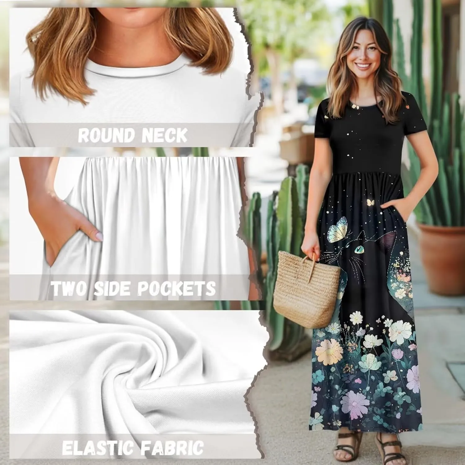 Short Sleeve Dress for Women Crew Neck A-Line Dress with Pockets Causal Long Sundress Summer Beach Clothes