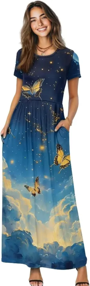 Short Sleeve Dress for Women Crew Neck A-Line Dress with Pockets Causal Long Sundress Summer Beach Clothes