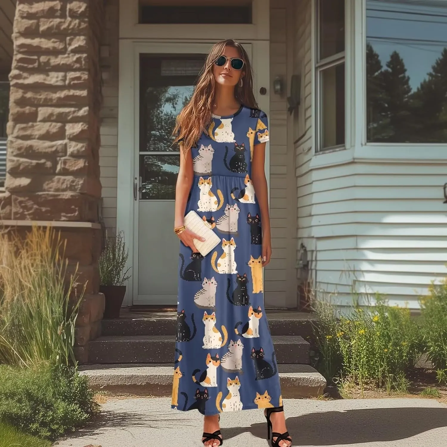 Short Sleeve Dress for Women Crew Neck A-Line Dress with Pockets Causal Long Sundress Summer Beach Clothes
