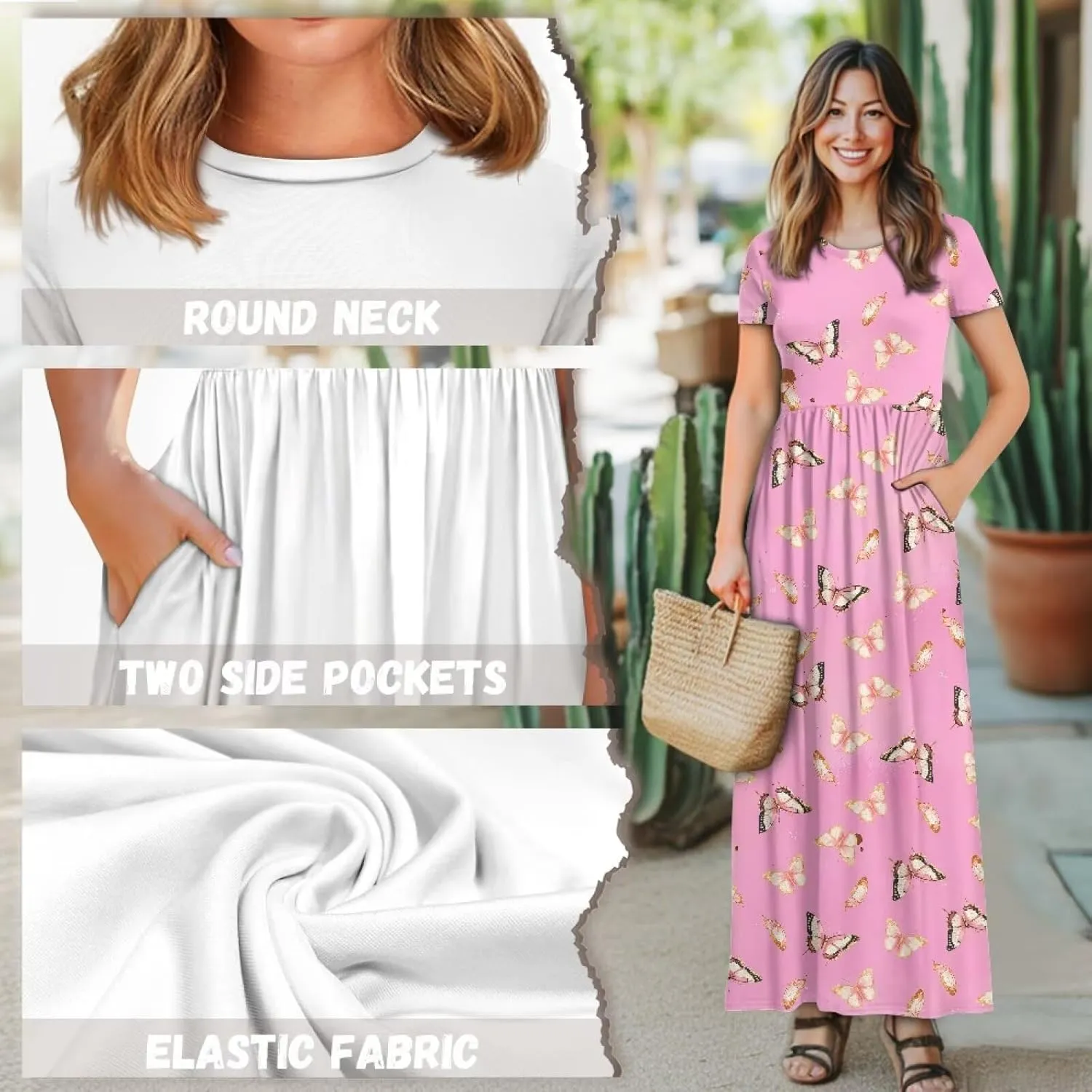 Short Sleeve Dress for Women Crew Neck A-Line Dress with Pockets Causal Long Sundress Summer Beach Clothes
