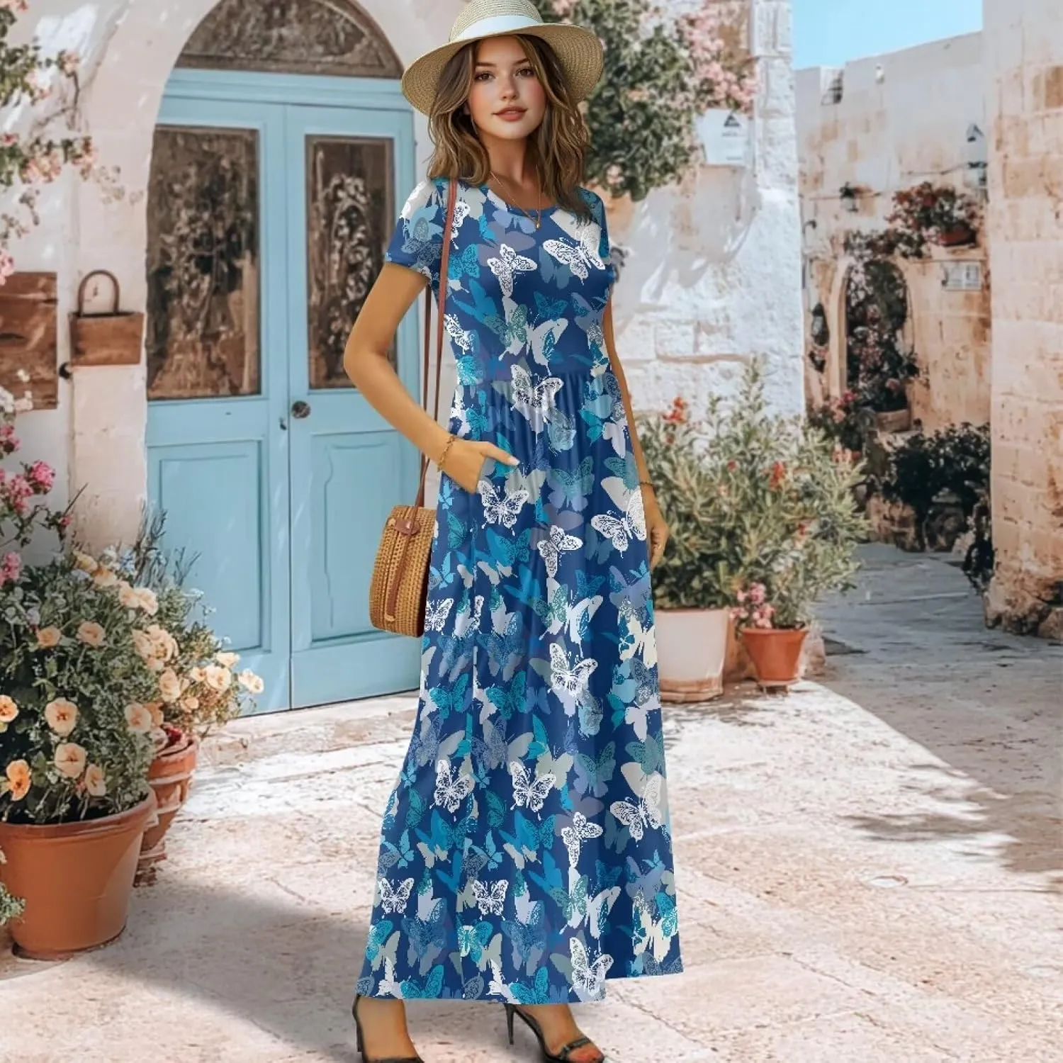 Short Sleeve Dress for Women Crew Neck A-Line Dress with Pockets Causal Long Sundress Summer Beach Clothes