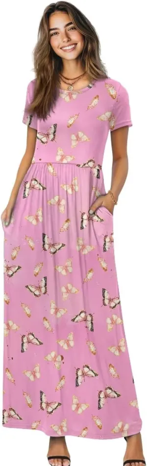Short Sleeve Dress for Women Crew Neck A-Line Dress with Pockets Causal Long Sundress Summer Beach Clothes