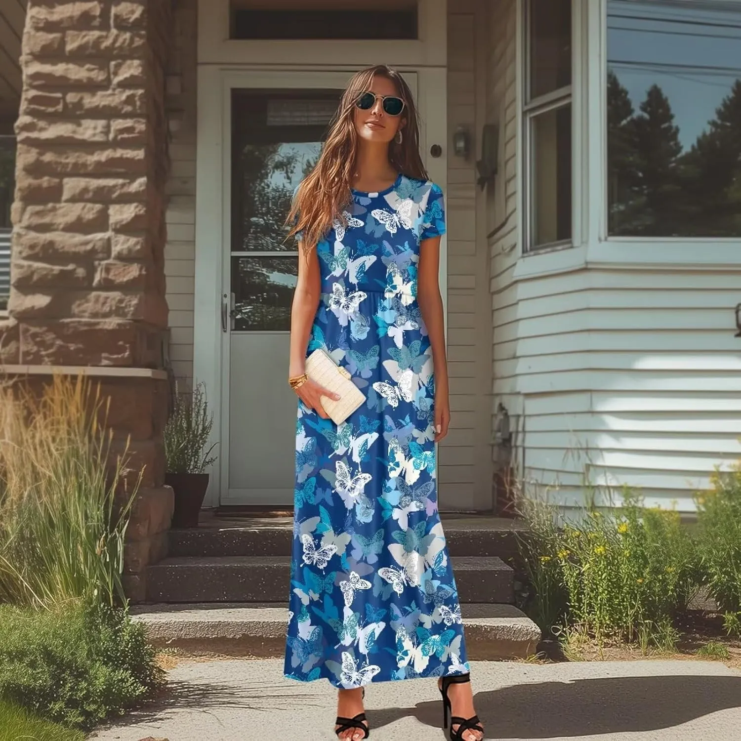 Short Sleeve Dress for Women Crew Neck A-Line Dress with Pockets Causal Long Sundress Summer Beach Clothes
