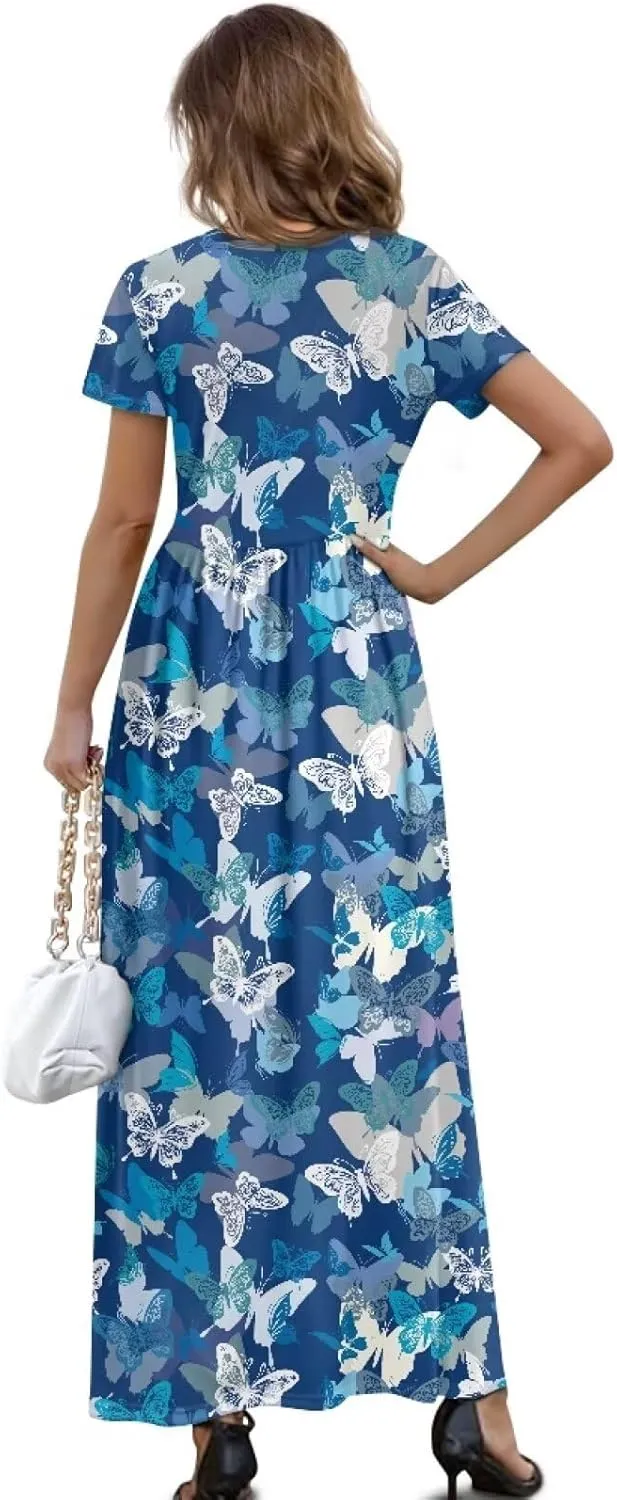 Short Sleeve Dress for Women Crew Neck A-Line Dress with Pockets Causal Long Sundress Summer Beach Clothes