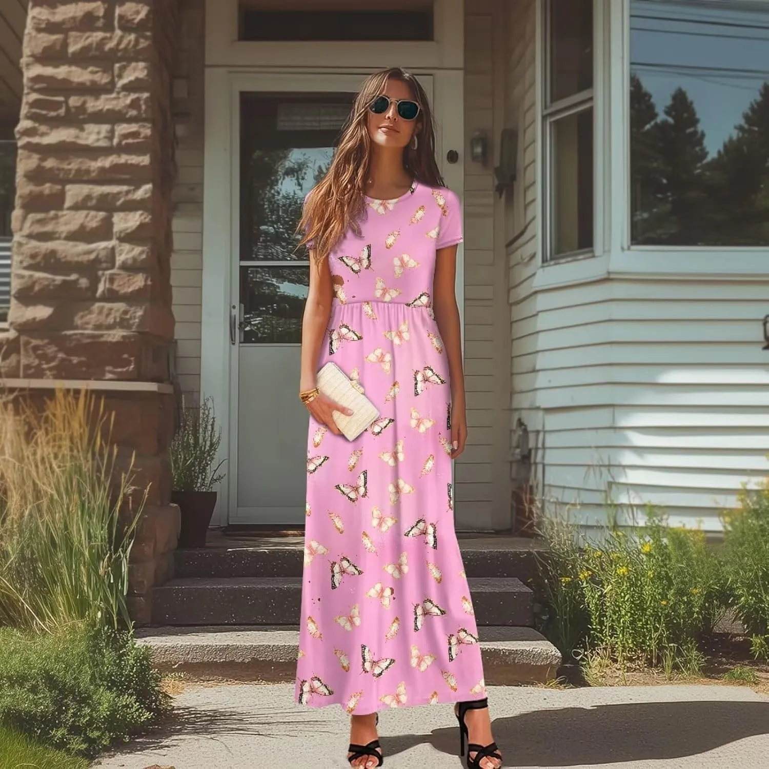 Short Sleeve Dress for Women Crew Neck A-Line Dress with Pockets Causal Long Sundress Summer Beach Clothes
