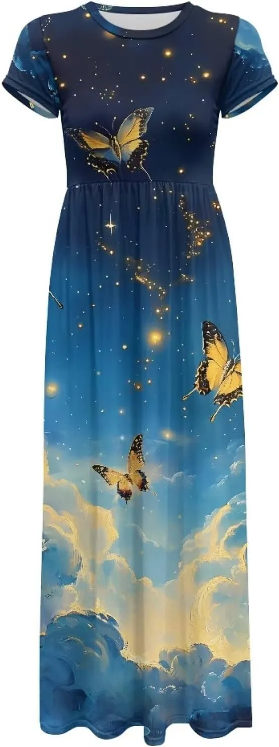Short Sleeve Dress for Women Crew Neck A-Line Dress with Pockets Causal Long Sundress Summer Beach Clothes
