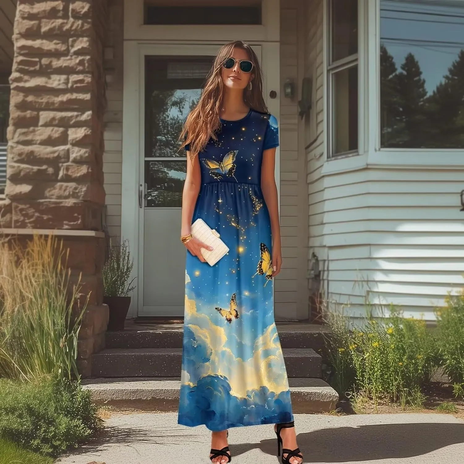Short Sleeve Dress for Women Crew Neck A-Line Dress with Pockets Causal Long Sundress Summer Beach Clothes