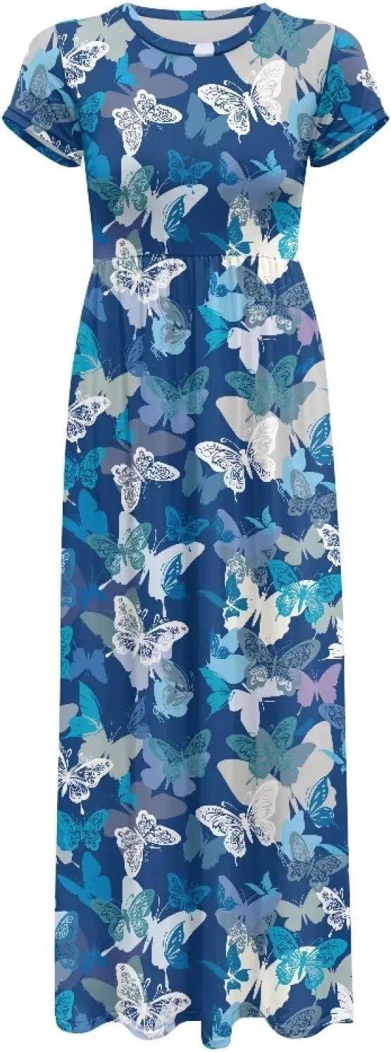 Short Sleeve Dress for Women Crew Neck A-Line Dress with Pockets Causal Long Sundress Summer Beach Clothes