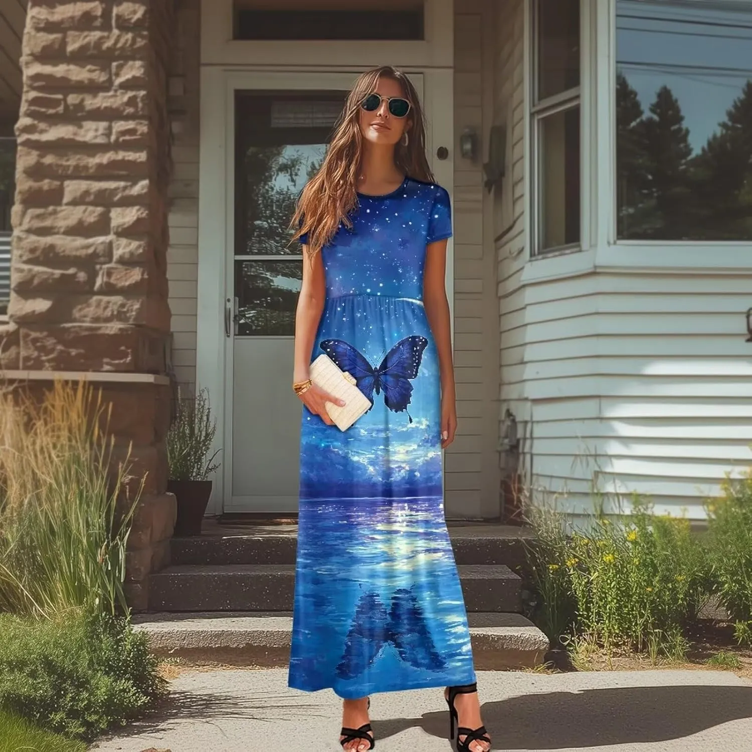 Short Sleeve Dress for Women Crew Neck A-Line Dress with Pockets Causal Long Sundress Summer Beach Clothes